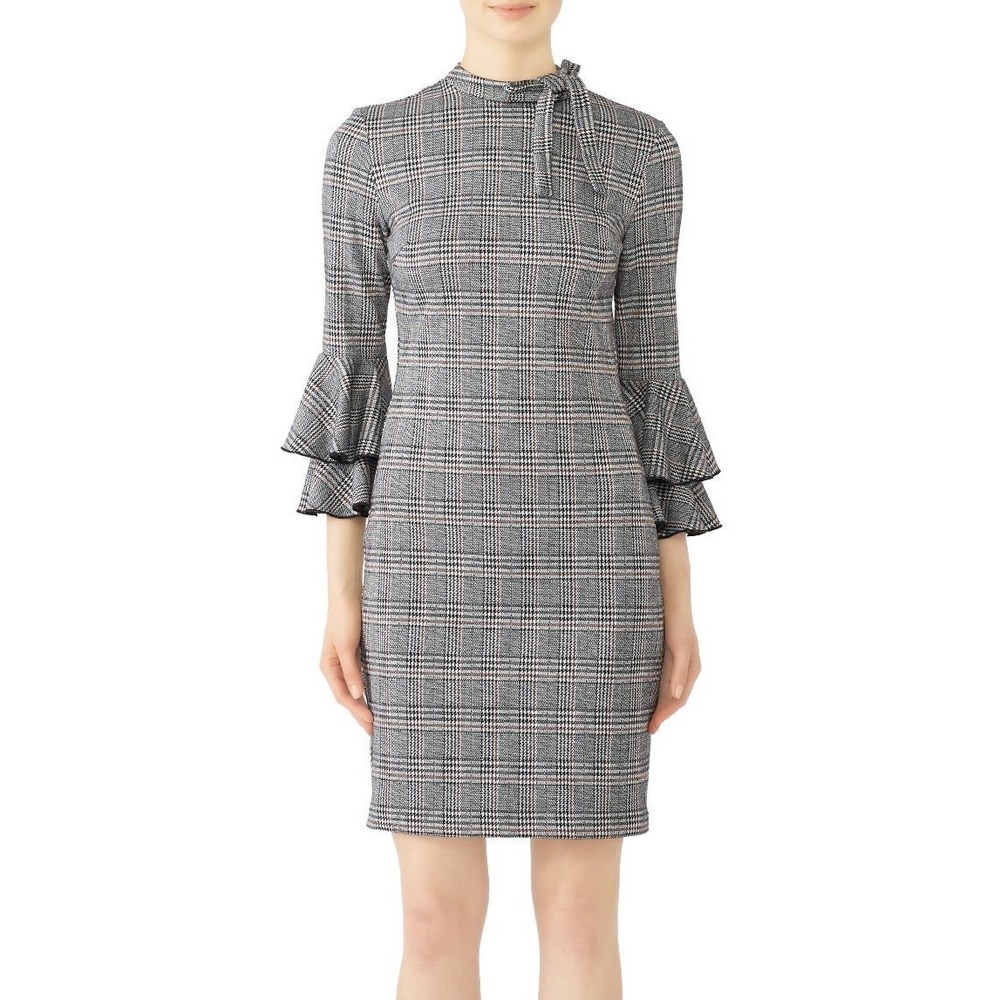 Alexia Admor M Grey Glen Plaid Bell Sleeve Tie Neck Sheath Dress Academia Office